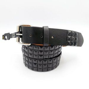 New All Black Studded Leather Belt Unisex 3-Rows Metal Pyramid Size Large
